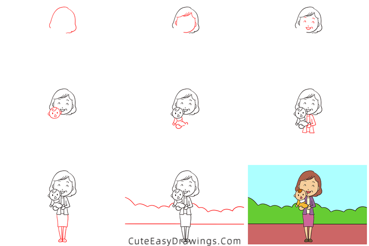 how to draw a mom and baby - www.cuteeasydrawings.com