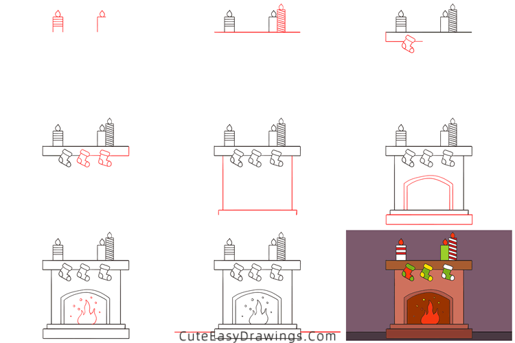 how to draw a fireplace - www.cuteeasydrawings.com