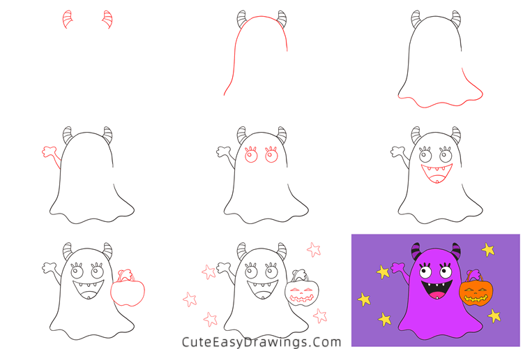 how to draw a monster with jack-o-lantern - www.cuteeasydrawings.com