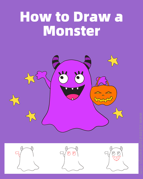 how to draw a monster with jack-o-lantern - www.cuteeasydrawings.com