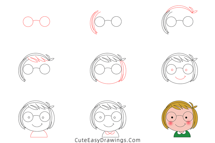 how to draw a girl with glasses - www.cuteeasydrawings.com