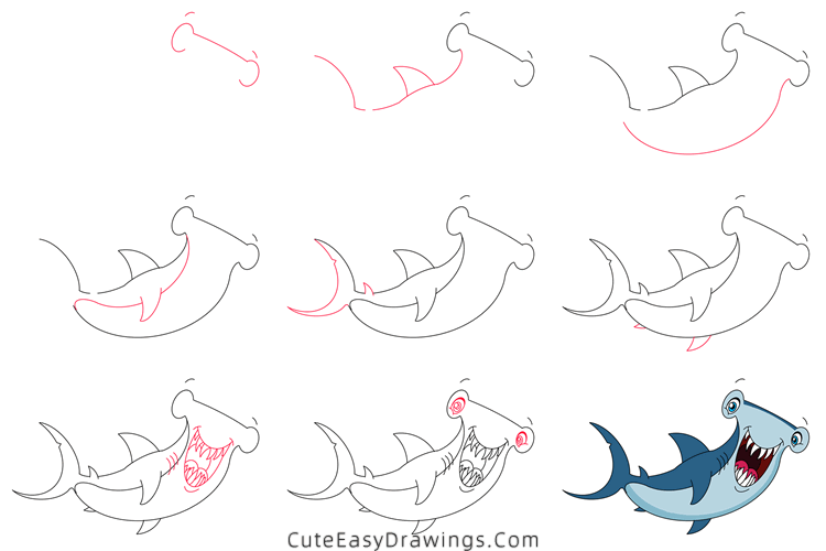 how to draw a hammerhead shark - www.cuteeasydrawings.com