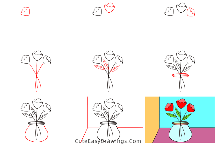 how to draw flowers in a vase - www.cuteeasydrawings.com