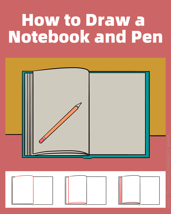 how to draw a notepad and pen - www.cuteeasydrawings.com