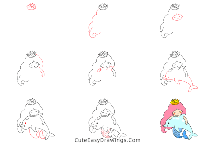 how to draw a mermaid and a dolphin - www.cuteeasydrawings.com