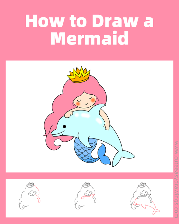 how to draw a mermaid and a dolphin - www.cuteeasydrawings.com