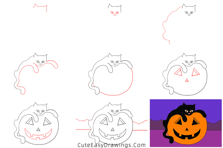 how to draw a black cat and jack-o-lantern - www.cuteeasydrawings.com