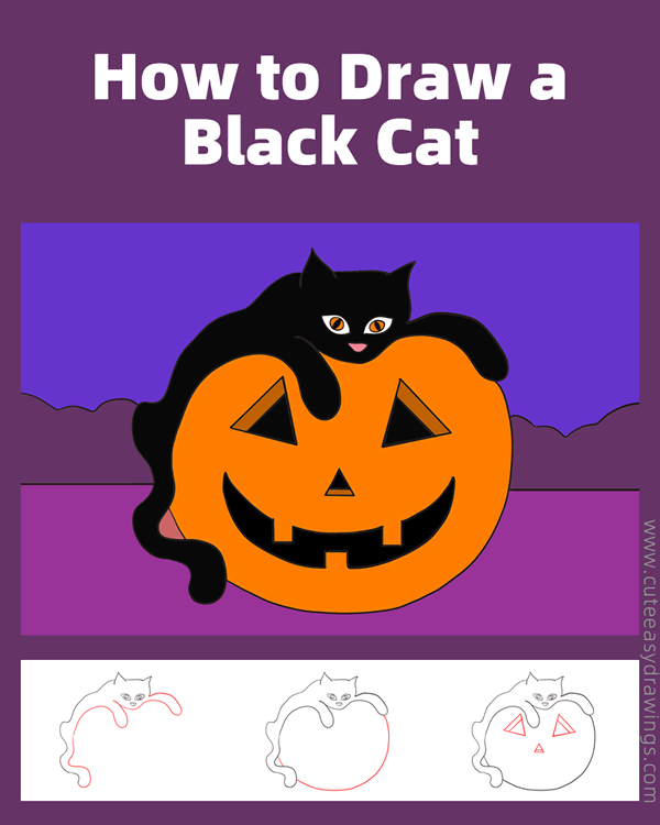 how to draw a black cat and jack-o-lantern - www.cuteeasydrawings.com