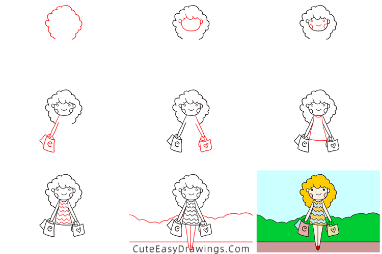 how to draw a lady shopping - www.cuteeasydrawings.com