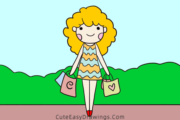 how to draw a lady shopping - www.cuteeasydrawings.com