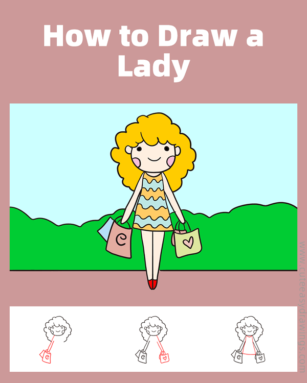 how to draw a lady shopping - www.cuteeasydrawings.com