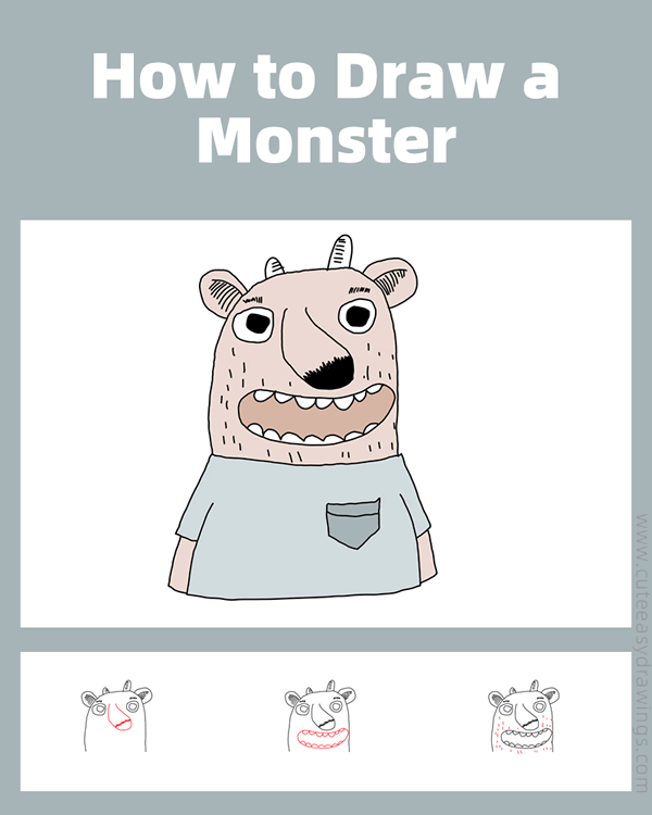 how to draw a funny monster - www.cuteeasydrawings.com