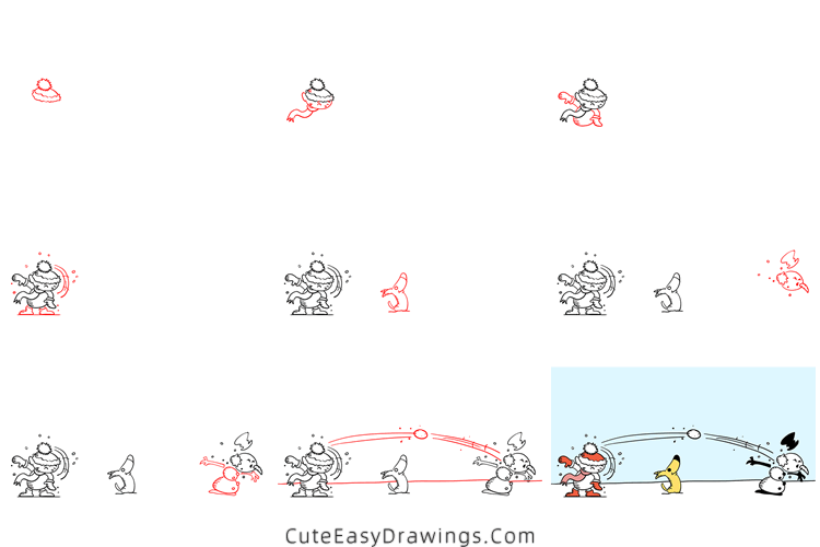 how to draw a snowball fight - www.cuteeasydrawings.com