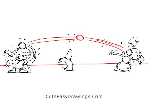 how to draw a snowball fight - www.cuteeasydrawings.com