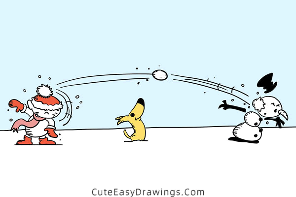 how to draw a snowball fight - www.cuteeasydrawings.com