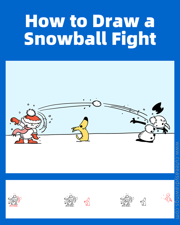 how to draw a snowball fight - www.cuteeasydrawings.com