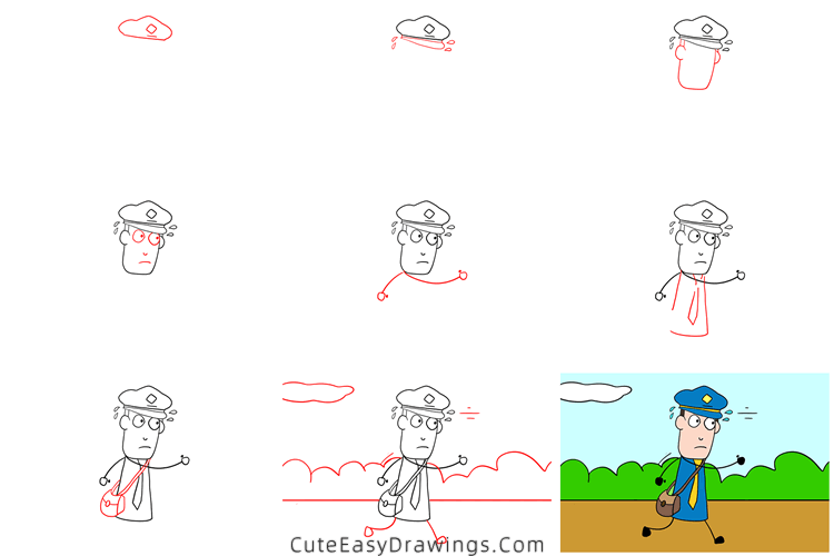 how to draw a postman - www.cuteeasydrawings.com