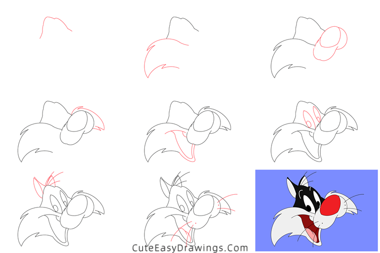 how to draw sylvester face - www.cuteeasydrawings.com