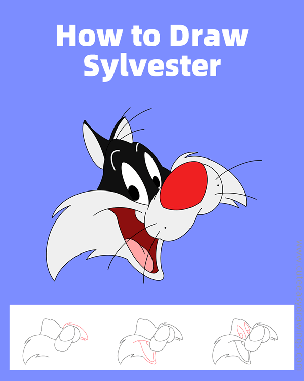 how to draw sylvester face - www.cuteeasydrawings.com