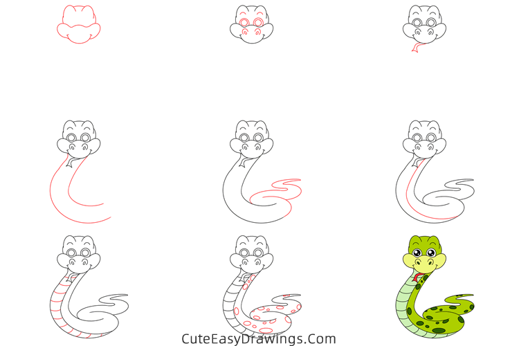 how to draw a cute snake - www.cuteeasydrawings.com