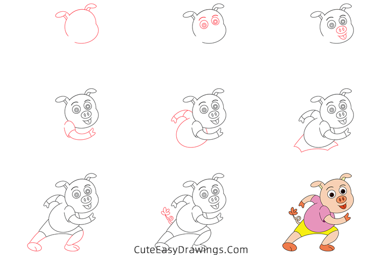 how to draw a cartoon pig - www.cuteeasydrawings.com