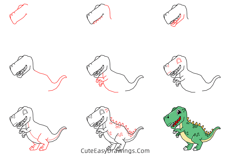 how to draw a tyrannosaurus rex - www.cuteeasydrawings.com