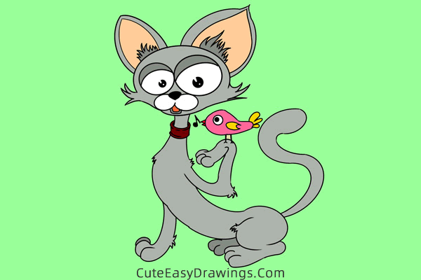 how to draw a cat and a bird - www.cuteeasydrawings.com