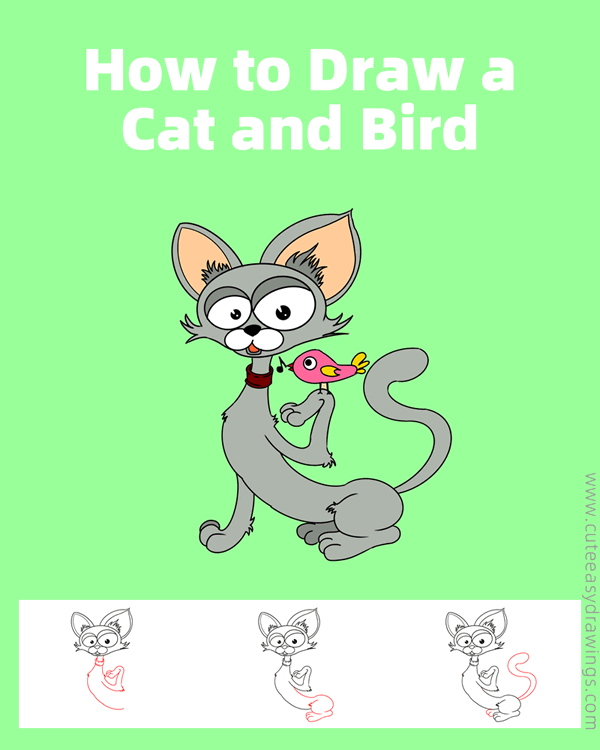 how to draw a cat and a bird - www.cuteeasydrawings.com