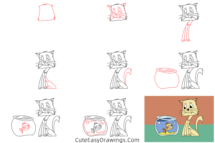 how to draw a cat and fish - www.cuteeasydrawings.com