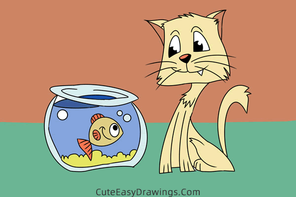 how to draw a cat and fish - www.cuteeasydrawings.com