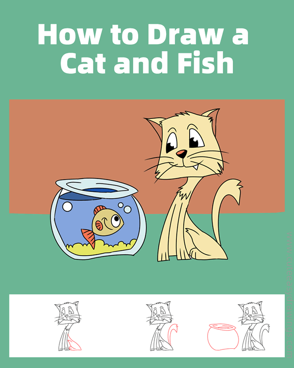 how to draw a cat and fish - www.cuteeasydrawings.com