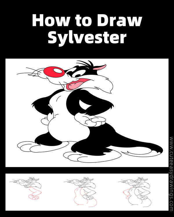 how to draw sylvester - www.cuteeasydrawings.com