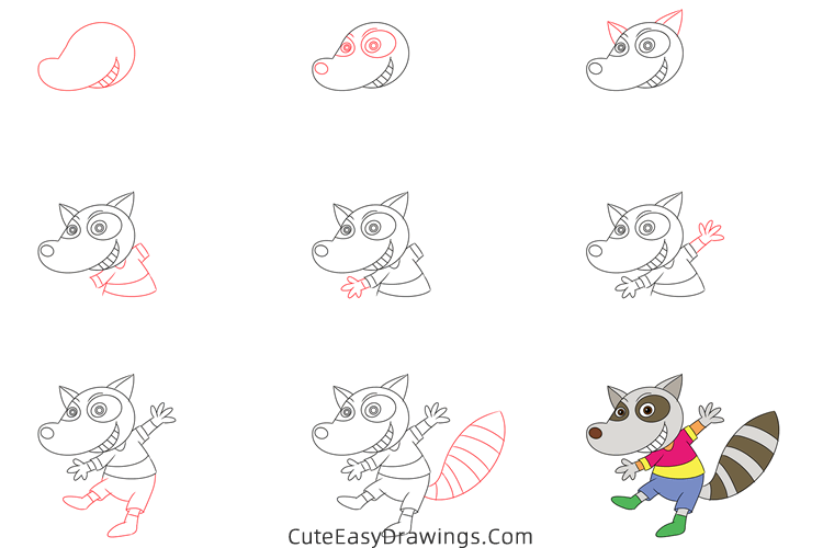 how to draw a cartoon raccoon - www.cuteeasydrawings.com