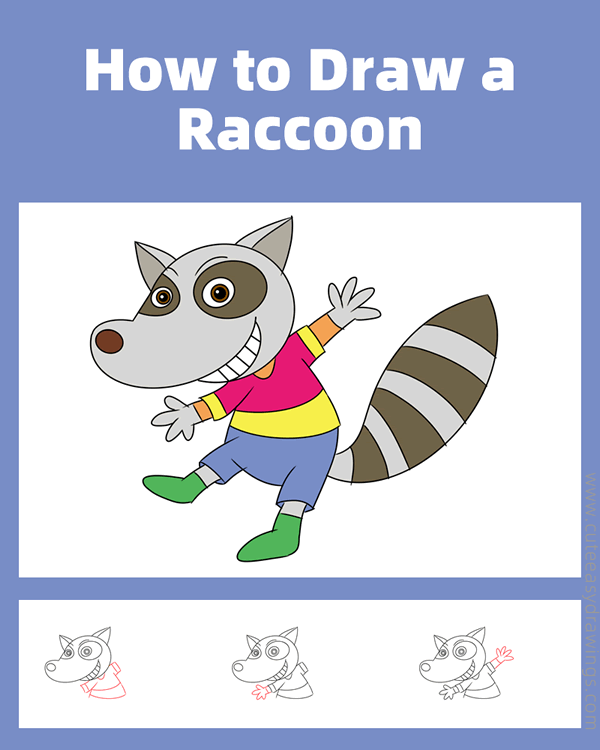 how to draw a cartoon raccoon - www.cuteeasydrawings.com