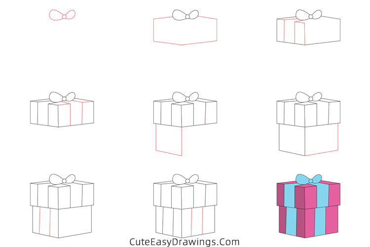 how to draw a gift box - www.cuteeasydrawings.com