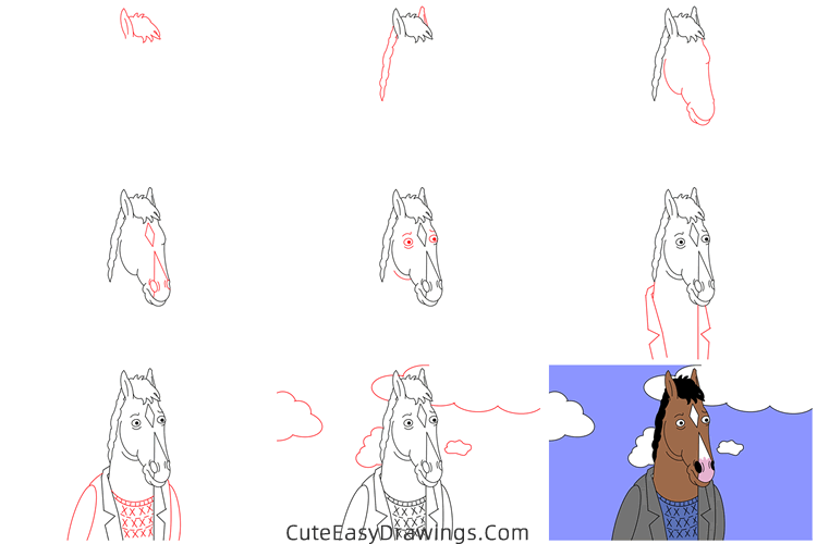 how to draw boJack horseman - www.cuteeasydrawings.com