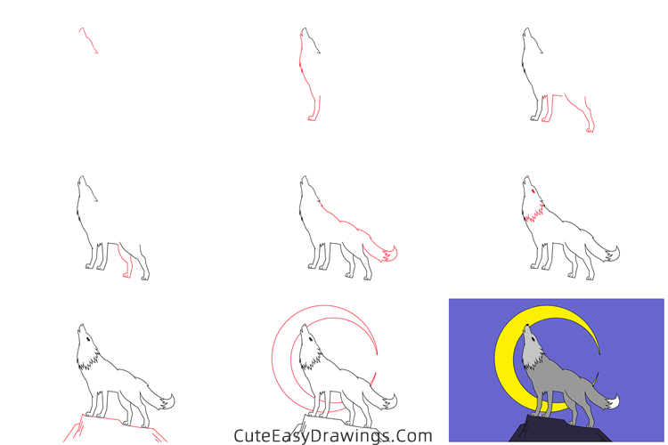 how to draw a wolf howling at the moon - www.cuteeasydrawings.com