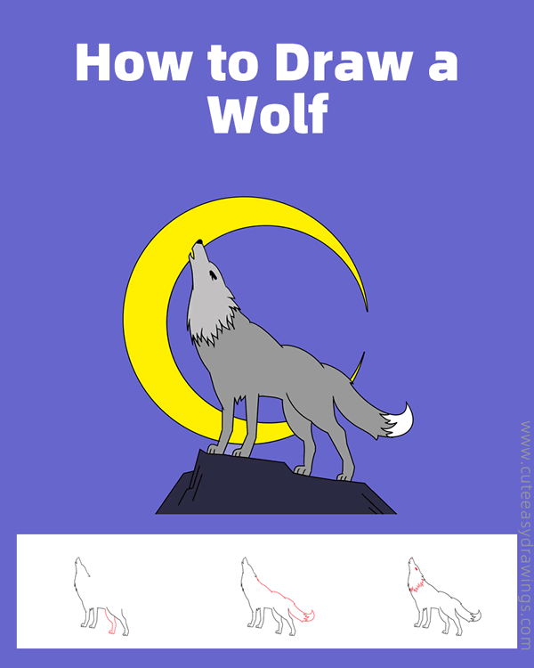 how to draw a wolf howling at the moon - www.cuteeasydrawings.com