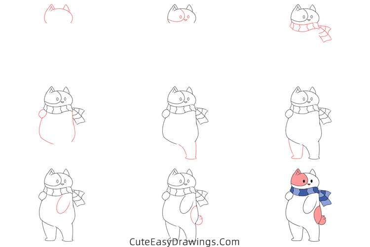 how to draw a winter cat - www.cuteeasydrawings.com