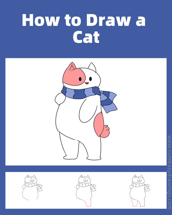 how to draw a winter cat - www.cuteeasydrawings.com