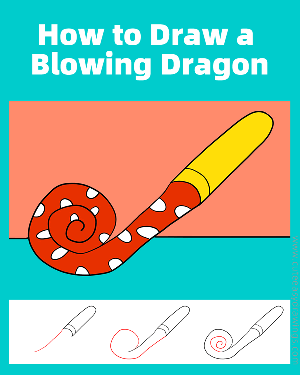 how to draw a blowing dragon whistle - www.cuteeasydrawings.com