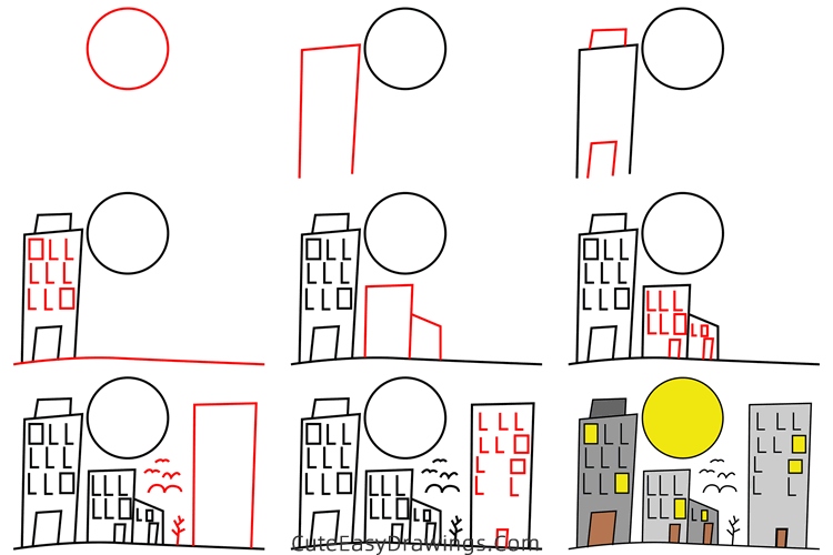 how to draw a tall building - www.cuteeasydrawings.com