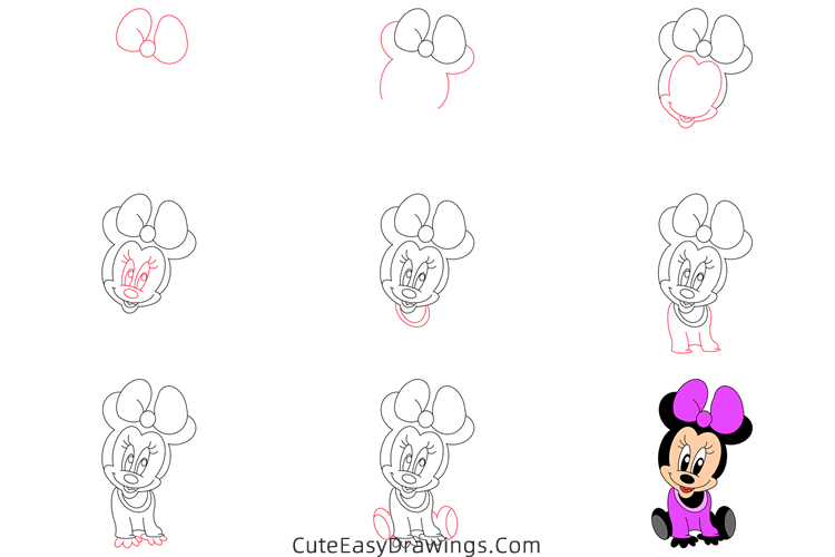 how to draw baby minnie mouse - www.cuteeasydrawings.com