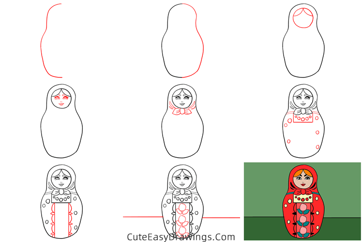 how to draw a russian nesting doll - www.cuteeasydrawings.com