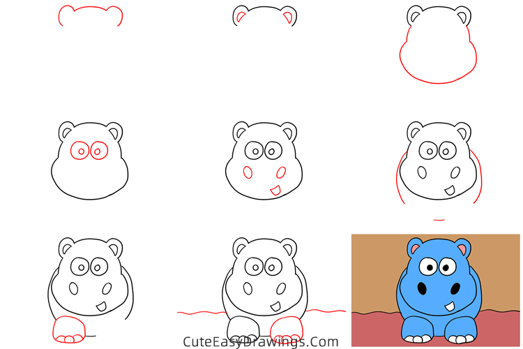 how to draw a baby hippo - www.cuteeasydrawings.com