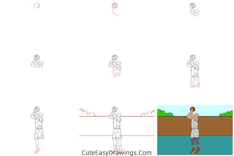 how to draw a basketball player shooting - www.cuteeasydrawings.com