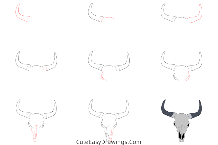 how to draw a cow skull - www.cuteeasydrawings.com