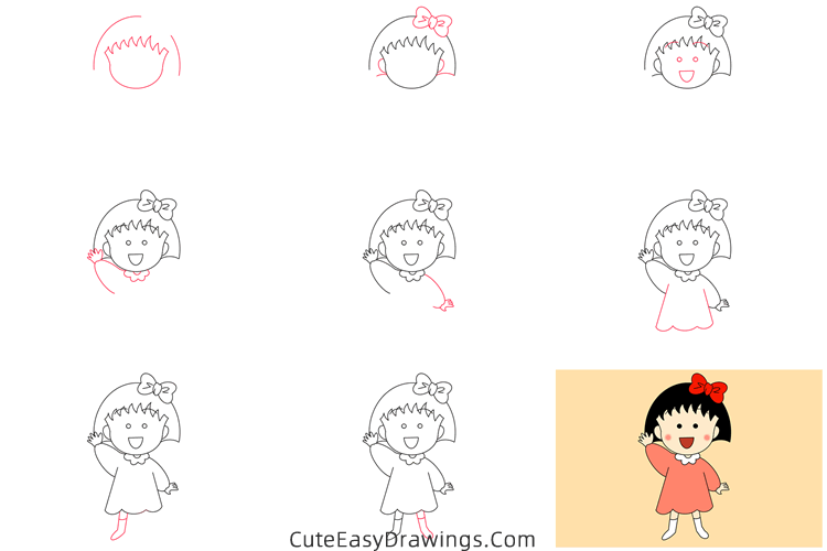 how to draw chibi maruko chan - www.cuteeasydrawings.com