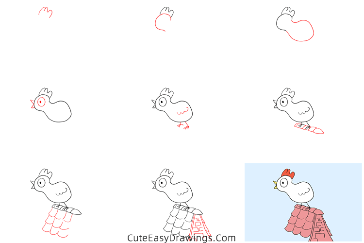 how to draw a crowing rooster - www.cuteeasydrawings.com