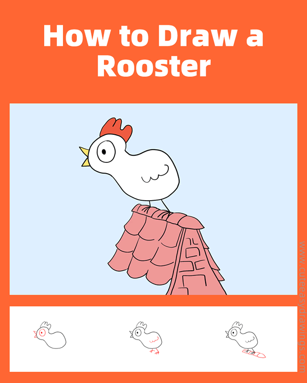 how to draw a crowing rooster - www.cuteeasydrawings.com